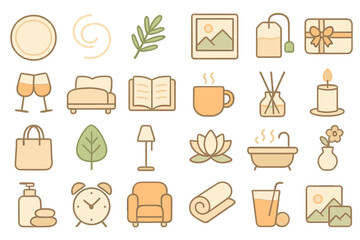 Decorative icons representing relaxation and home comforts featuring drinks, plants, and cozy elements in soft colors