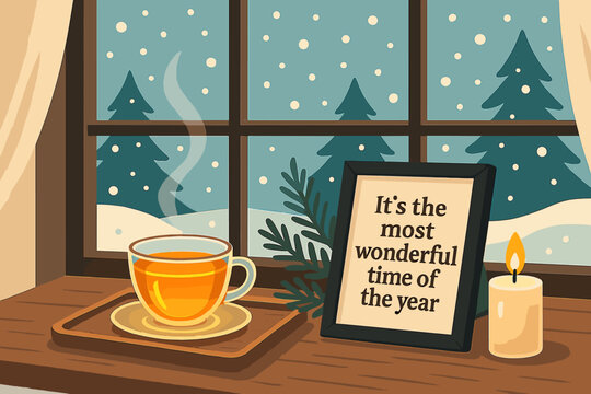 Cozy winter window view with tea, holiday decorations, and a motivational quote in a snowy setting - Powered by Adobe