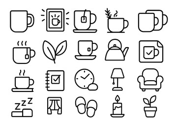 Collection of simple line drawings featuring various coffee-related items and cozy home elements