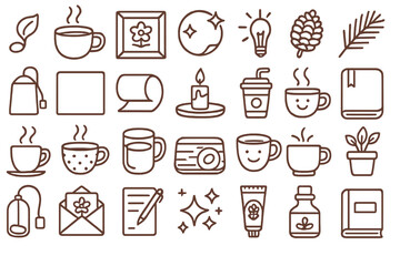 Decorative line art of various cozy elements like coffee cups, plants, and candles for a warm atmosphere