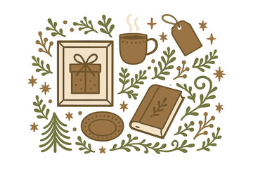 Cozy autumn decorations featuring a gift, a warm beverage, and seasonal foliage in soft earth tones