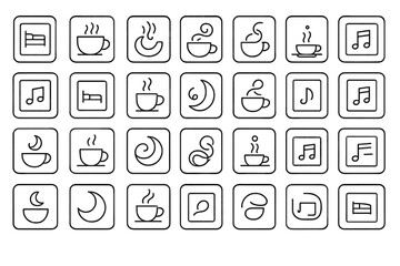 Collection of minimalist icons featuring cups, music notes, and abstract shapes in a modern design