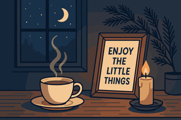 Warm coffee cup and candle beside framed motivational quote in a cozy night setting