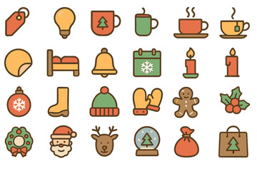 Festive holiday icons featuring decorations, gifts, and cozy elements perfect for seasonal celebrations and illustrations