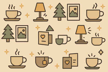 Cozy coffee shop elements with cups, lamps, trees, and picture frames inspiring warmth and relaxation