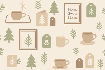 Cozy home decor with warm coffee cups and nature-inspired patterns on a soft beige background