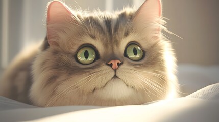 Adorable Fluffy Persian Cat with Bright Green Eyes Closeup