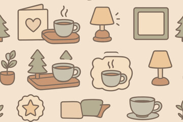 Cozy warm beverage pattern with plants and home decor elements on light background