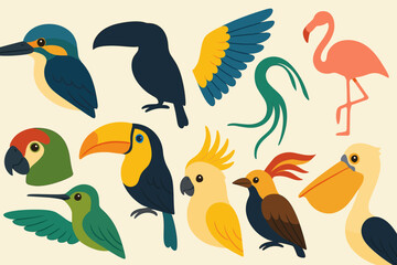 Obraz premium Tropical birds flat icon set. parrot, flamingo, toucan, hummingbird icons collection
