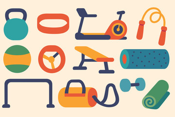 Fitness equipment flat icon set. gym, workout, exercise tools collection