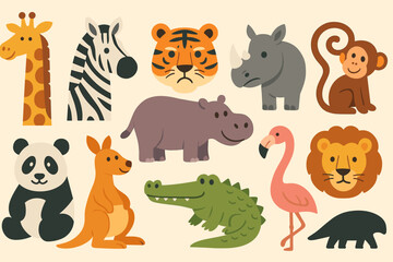Naklejka premium Animal flat icon set. jungle, safari creatures in a playful flat collection