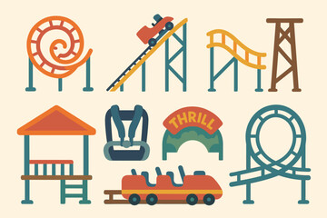 Obraz premium Amusement park, roller coaster icon set. fun, adventure flat icon collection