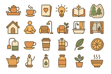 Various icons representing relaxation, home comfort, and personal well-being activities in a minimalistic style