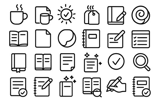 Minimal black outline productivity icon set featuring notebooks, documents, checklists, steaming mug, tea bag, writing pen and magnifying glass on dark background – vector line style