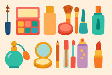 Beauty and makeup flat icon set. cosmetics, skincare, fragrance icons collection