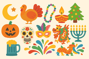 Holiday and festival solid icon set. celebrations, traditions for various cultures