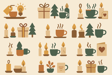 Warm and cozy illustrations of candles, cups, and holiday gifts set in a festive pattern