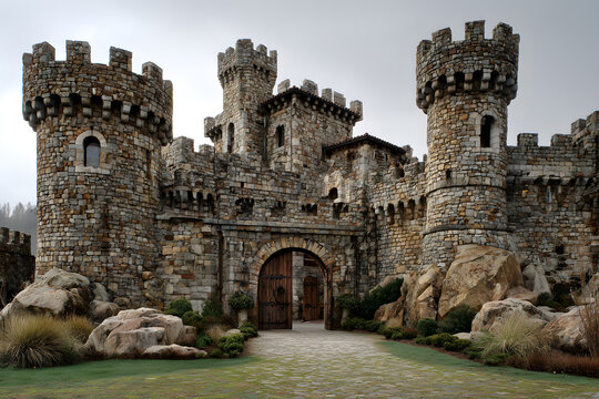 This stone castle features multiple towers and a sturdy wooden gate