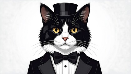 Stylish cat in top hat and tuxedo