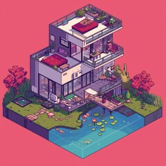 Obraz premium Isometric Modern Home Pixel Art Video Game Building Design Asset, Retro Gaming Pixelated Contemporary Architecture