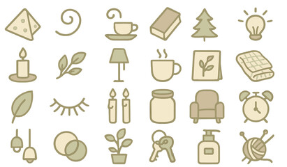 Hygge icon collection on beige background – cozy lifestyle symbols including tea, candles, plants, yarn, and home decor elements