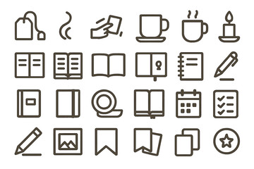 Collection of minimalistic icons representing daily activities and essentials for productivity and organization in a workspace