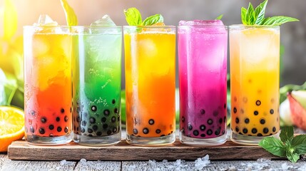 Refreshing Colorful Bubble Tea Drinks in Glasses