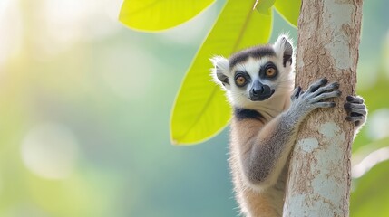 Fototapeta premium Lemur catta climbing a tree in the wild