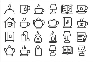 Various icons representing cozy home activities with tea, books, and warm lighting in a comfortable space