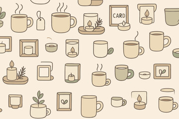 Warm and inviting pattern featuring cups, candles, and nature elements in a soft color palette