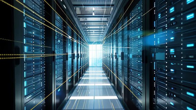 Cyber Realm Gateway: Illuminated servers arranged in symmetrical alignment, forming a hallway that opens into a light-filled portal, signifying technological innovation, cloud computing.