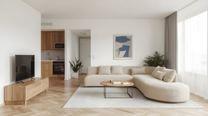 Fototapeta premium Modern bright living room interior with beige sofa, wooden coffee table, flat-screen TV, and open kitchen design, decorated with minimalist furniture and natural light ambiance