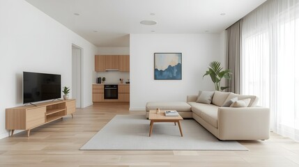 Fototapeta premium Modern bright living room interior with beige sofa, wooden coffee table, flat-screen TV, and open kitchen design, decorated with minimalist furniture and natural light ambiance