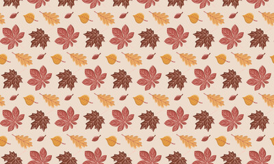 Seamless autumn pattern with red, orange and brown fall leaves. Vector foliage on beige background