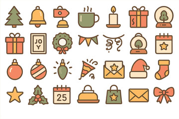 Colorful holiday icons collection featuring winter symbols, gifts, and seasonal decorations