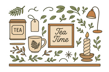 Decorative tea time arrangement with candle and natural elements for a cozy atmosphere