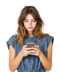 Young Woman Using Smartphone While Standing and Smiling on solid white background and transparent png. Ai gen.
