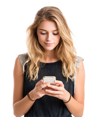 Young Woman Using Smartphone While Standing and Smiling on solid white background and transparent png. Ai gen.
