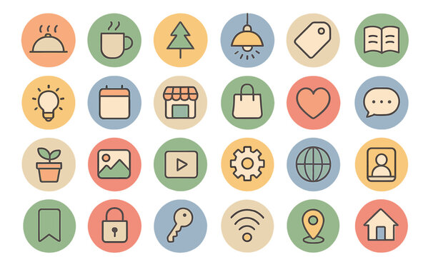 Variety of simple icons representing different activities and concepts in a colorful circular design