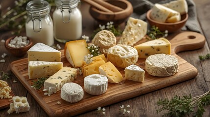 Rustic assortment of artisanal cheese on wooden board with variety of textures, flavors, and shapes, surrounded by jars of milk and natural ingredients in cozy kitchen setting