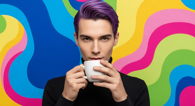 Man with purple hair holding a white mug against a colorful abstract wavy background pattern design ai generated - Powered by Adobe