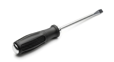 Obraz premium A flathead screwdriver with a black handle and a silver shaft laying on a white surface ai generated