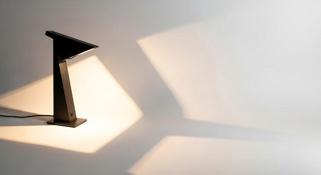 Illuminated modern desk lamp casting angular shadows on a white surface in a minimalist setting ai generated