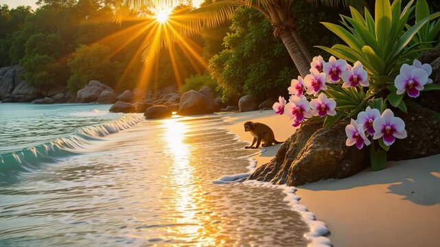 Serene tropical beach sunrise with a curious monkey observing gentle waves and vibrant orchids