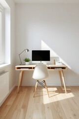 Minimalist home office interior with wooden desk, modern computer, white chair, and natural sunlight creating bright and clean workspace design for productivity and creativity
