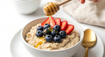 A fresh and healthy breakfast bowl of oatmeal porridge topped with summer berries, including blueberries and sliced strawberries, being drizzled with honey.