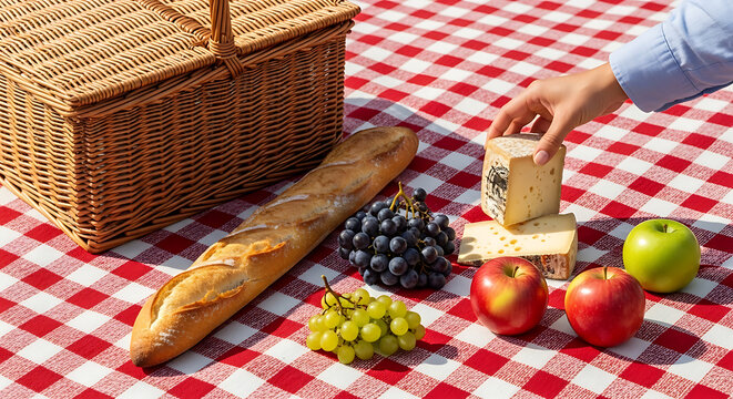 Enjoying a delightful outdoor picnic with a woven basket, crusty baguette, fresh grapes, apples, and artisanal cheese on a red checkered blanket