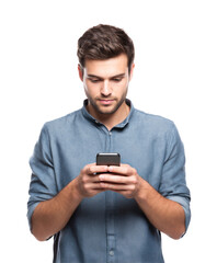 Young Man Using Smartphone While Standing and Smiling. Ai gen.

