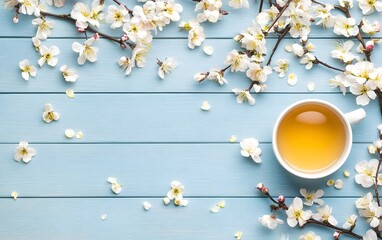 Spring Blossom Teacup Flatlay Wooden Background