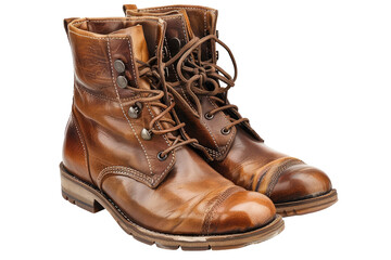 Close-up of two brown leather ankle boots.  Laces,  buttons, and stitching are visible.  Polished leather